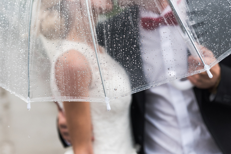 The Bride and Groom in a Clear Umbrella in the Rain
